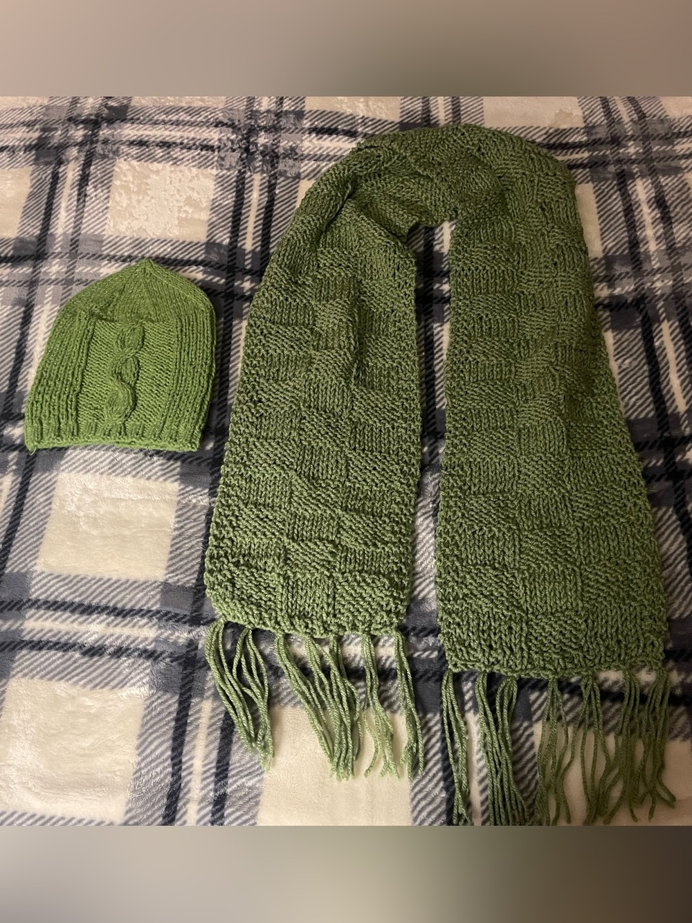 Handknit Green Cable Beanie and Matching Scarf Set